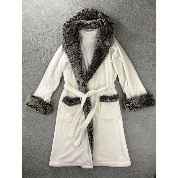 Pottery Barn‎ Faux Fur Hooded Bath Robe Womens Medium White - Picture 1 of 6